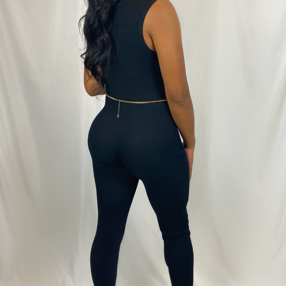 Black plunge cropped leg ribbed jumpsuit - Picture 3 of 4